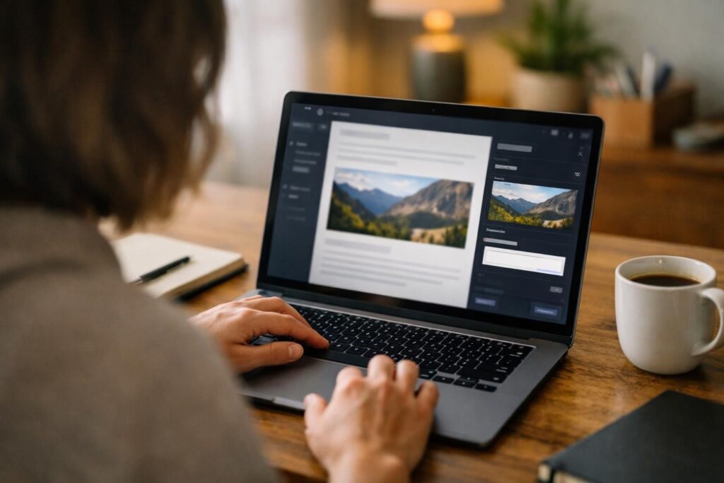 Person editing webpage on laptop beside coffee mug