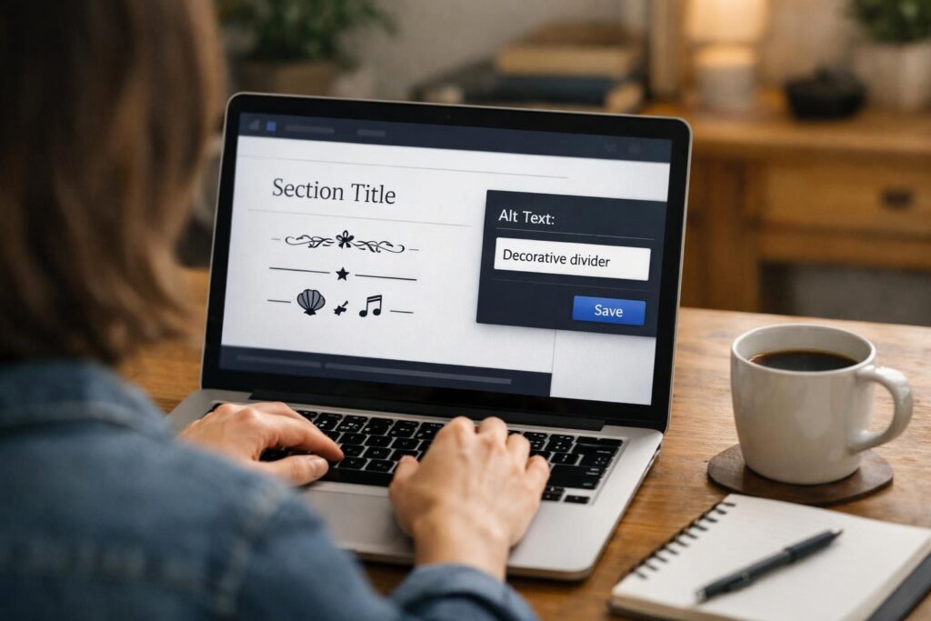 Person typing on laptop with alt text editor open