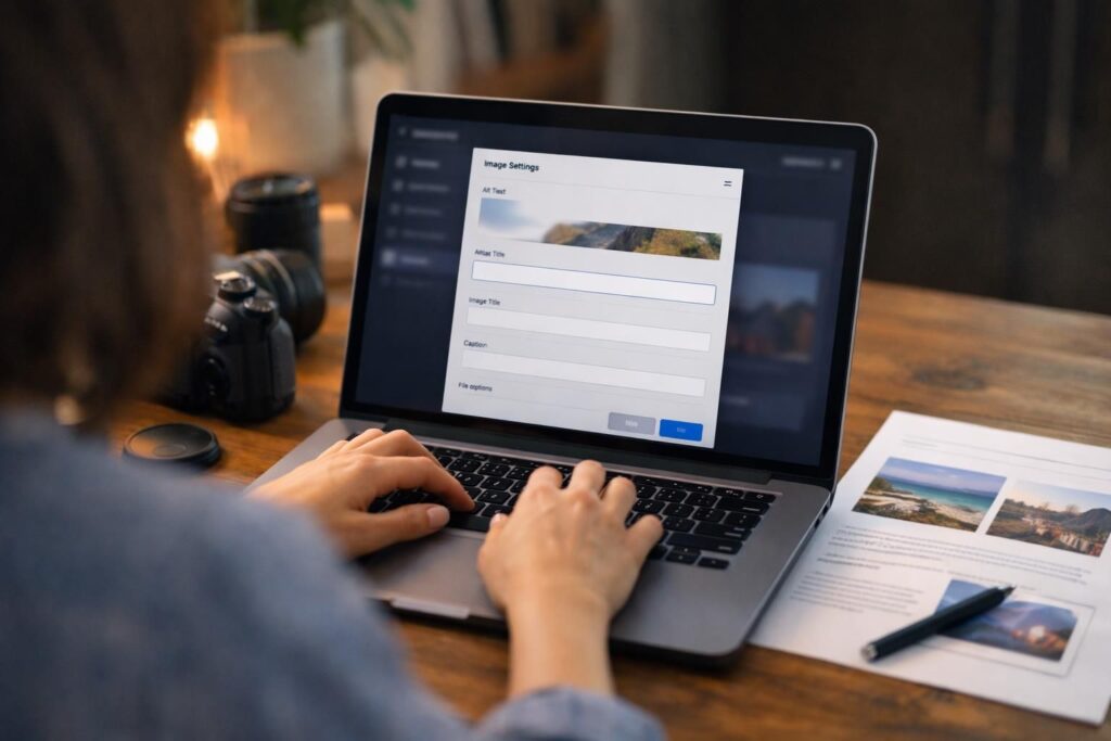 Hands typing on laptop with alt text form open
