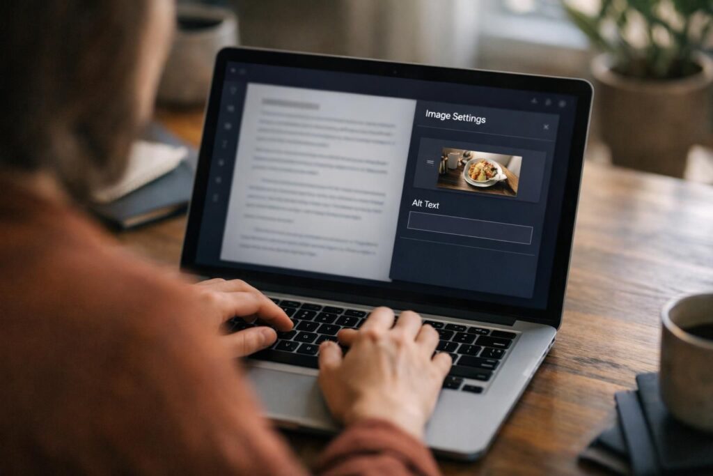Person typing on laptop with image settings and alt text field