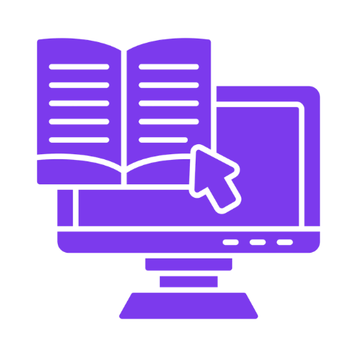 Purple computer monitor with open book and cursor icon