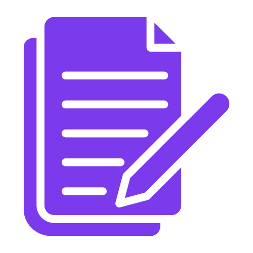 Purple document icon with pencil and horizontal lines