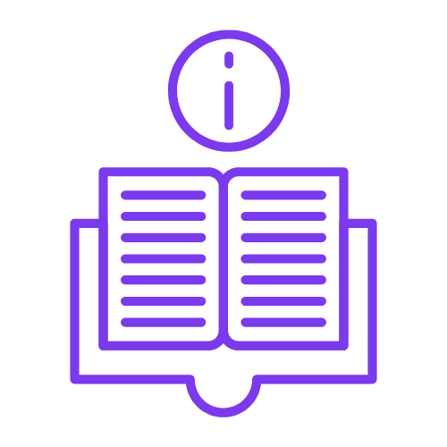 Purple outline icon of open book with information symbol
