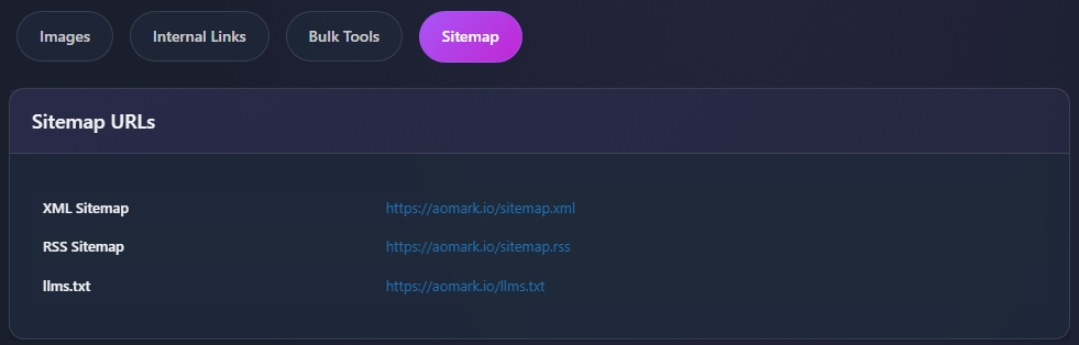 Sitemap tab showing XML, RSS, and llms.txt URLs