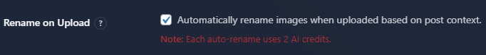 Rename on Upload setting with automatic image renaming checkbox