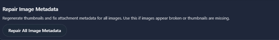 Repair Image Metadata page with “Repair All Image Metadata” button