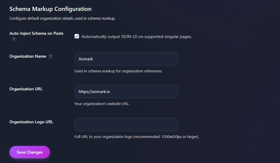 Schema Markup Configuration settings with organization name and URL fields