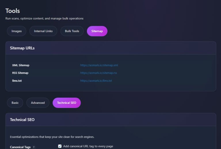 Tools dashboard showing sitemap URLs list and Technical SEO tab