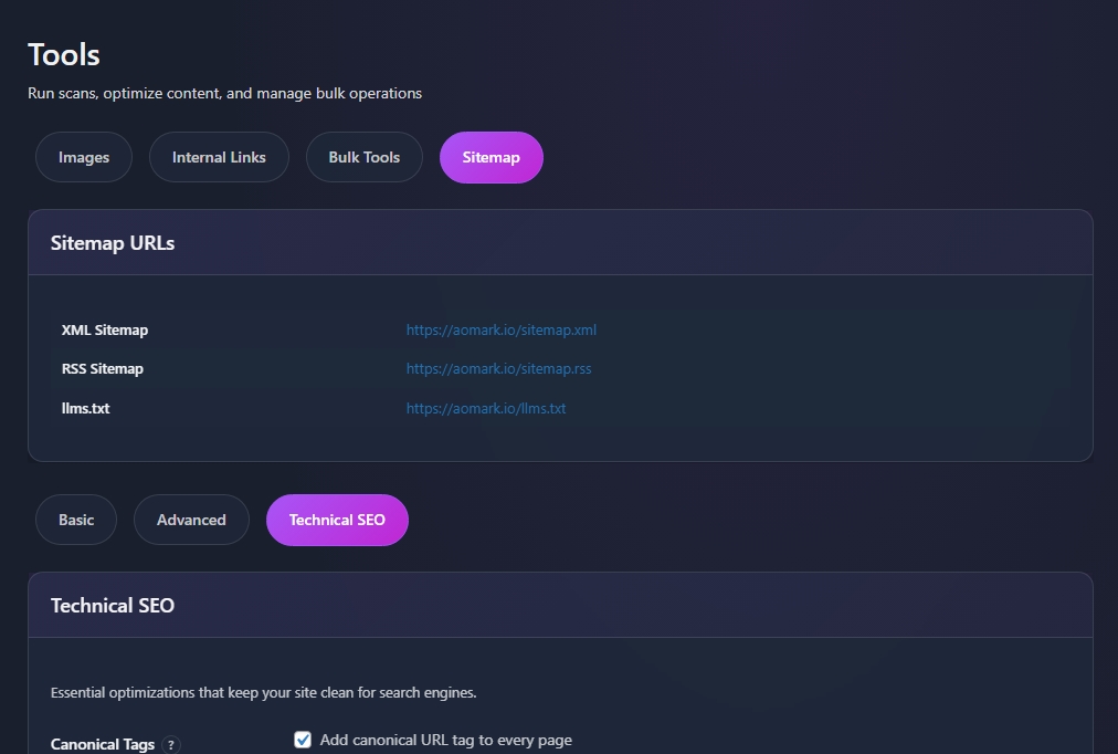 Tools dashboard showing sitemap URLs list and Technical SEO tab