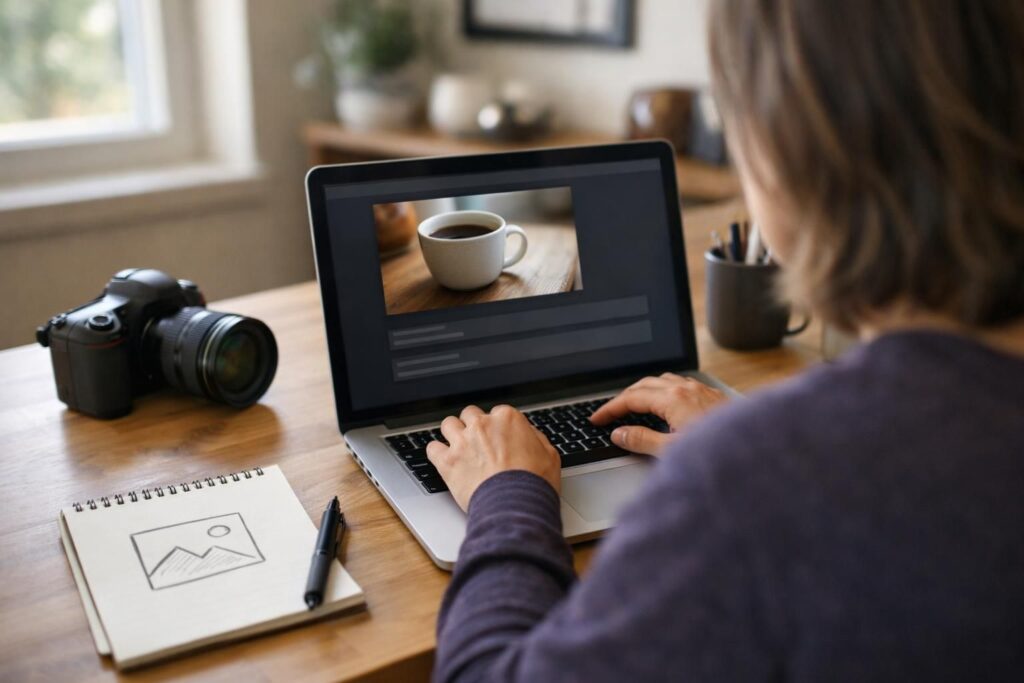 Person editing coffee photo on laptop beside camera
