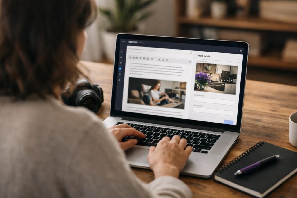 Person typing on laptop with media details page open