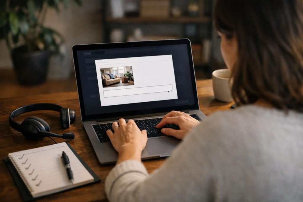 Person typing on laptop with form and photo preview