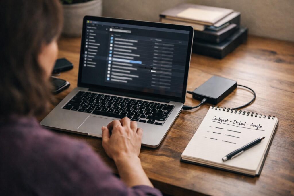 Person using laptop beside notebook labeled “Subject - Detail - Angle”