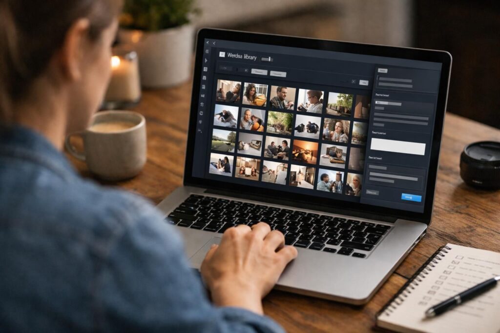 Person using laptop with photo library grid and metadata fields