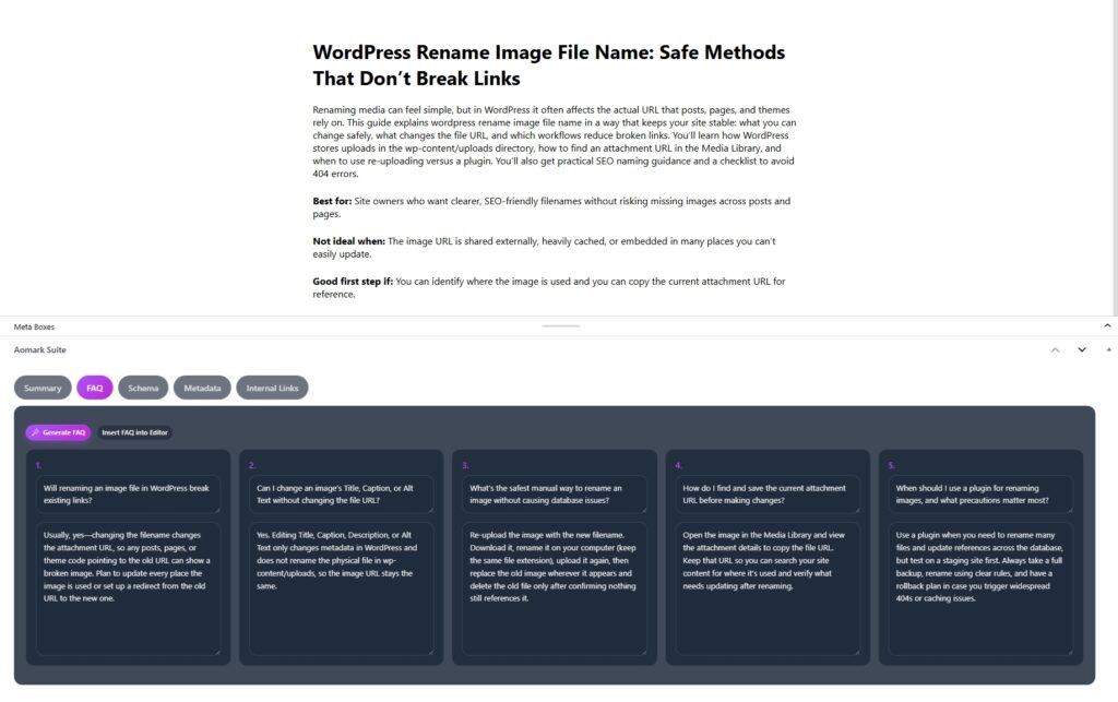 Screenshot of WordPress image rename article and FAQ cards