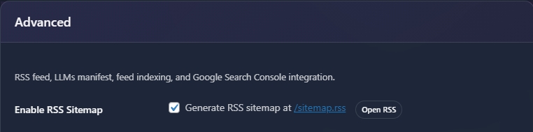 Advanced settings showing RSS sitemap option and sitemap.rss link