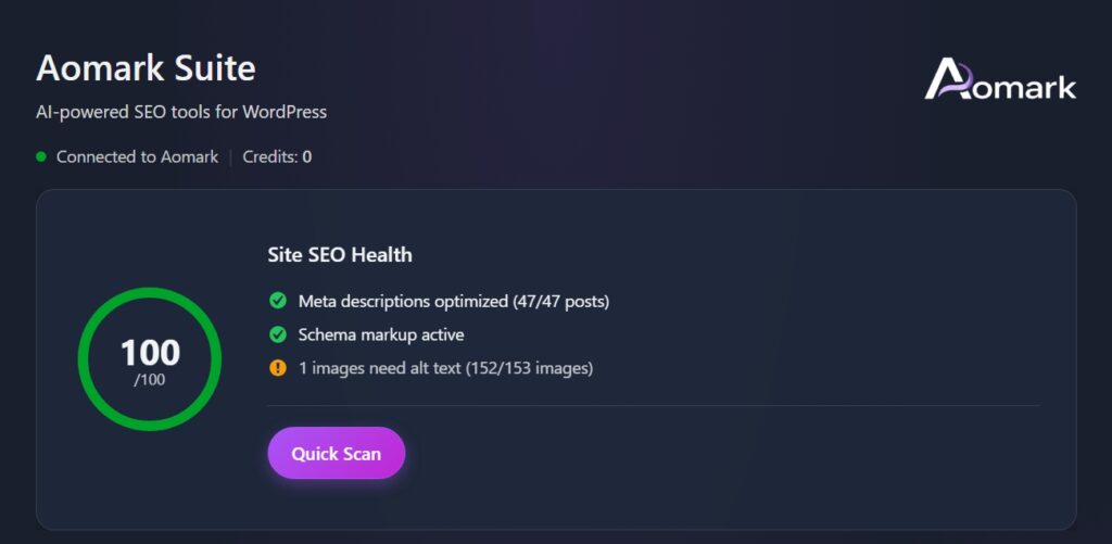 Aomark Suite dashboard showing 100/100 site SEO health score