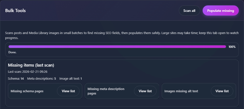 Bulk Tools dashboard with 100% progress bar and missing items list