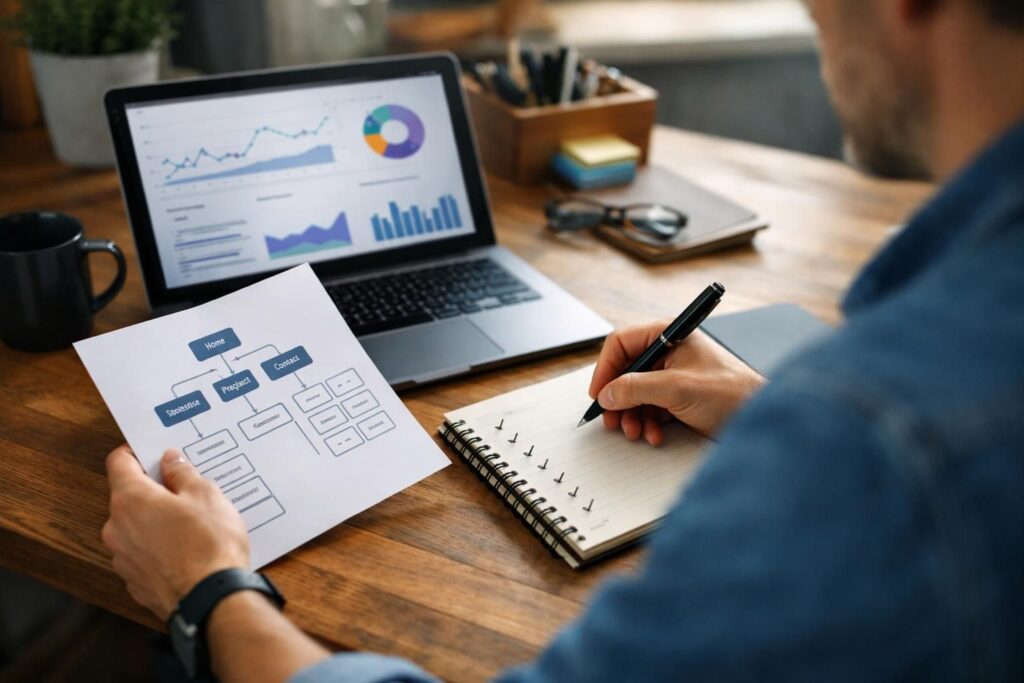 Person reviewing site map diagram beside laptop analytics charts
