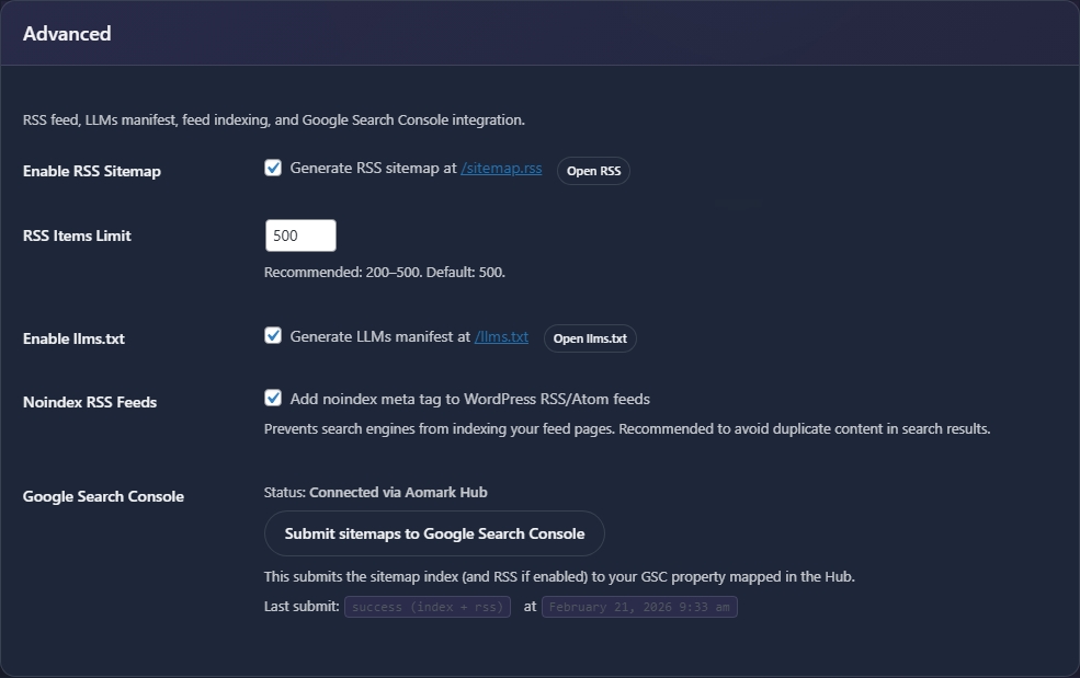 Advanced settings panel with RSS sitemap, llms.txt, and Search Console options