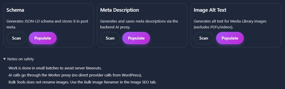 Dashboard cards for Schema, Meta Description, and Image Alt Text