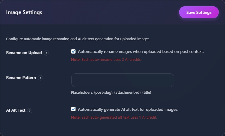 Image settings panel with rename on upload and AI alt text options