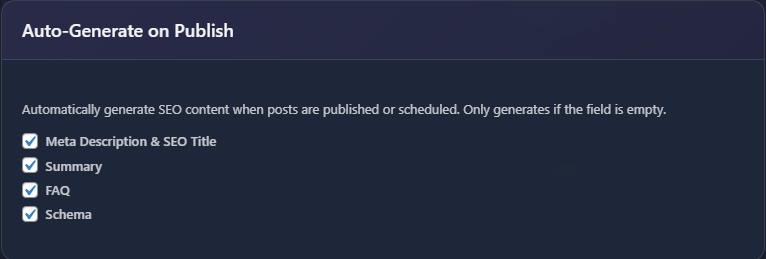Auto-Generate on Publish settings with four checked options