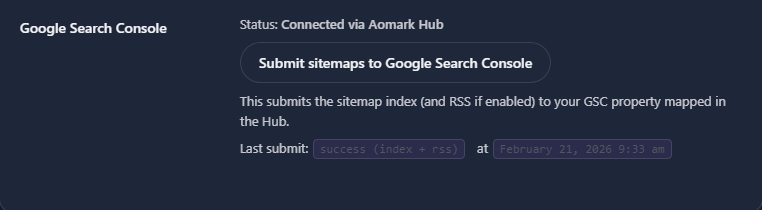 Google Search Console status screen with submit sitemaps button