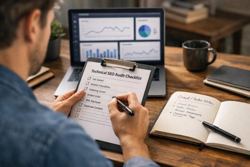 Person checking technical SEO audit checklist on clipboard