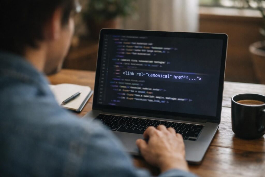 Person typing on laptop showing canonical link HTML code