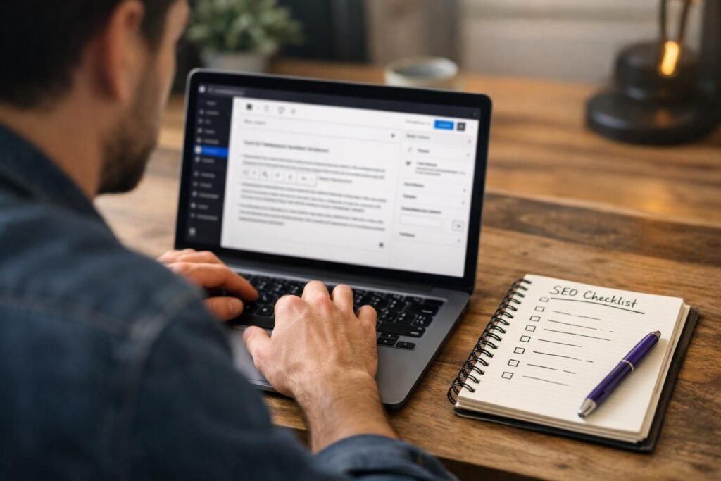 Person typing on laptop beside SEO checklist notebook and pen