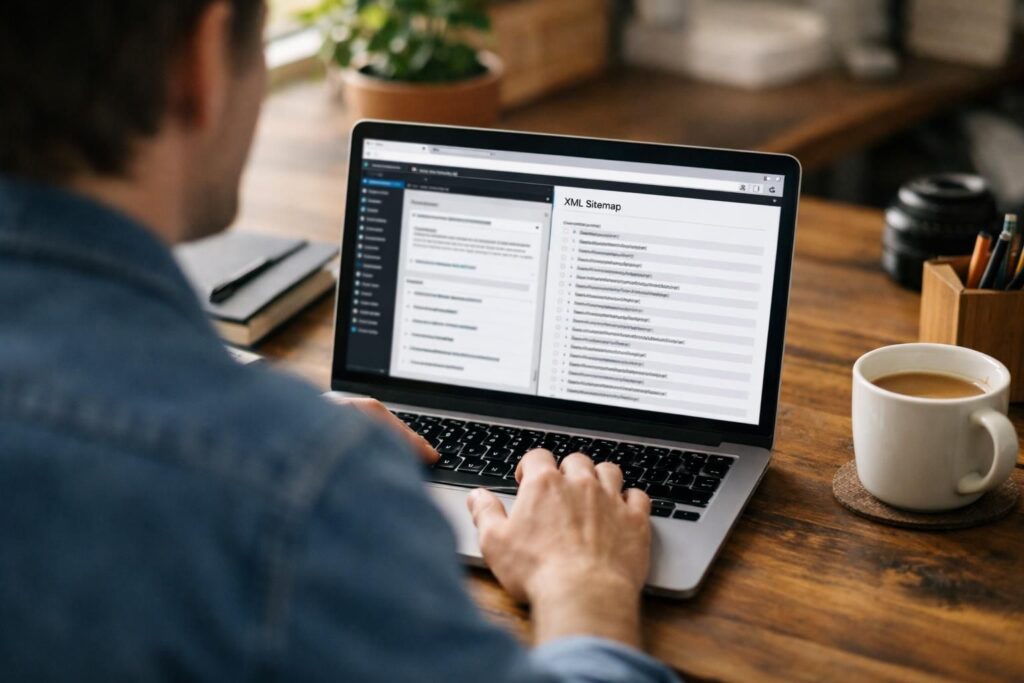 Person typing on laptop showing XML sitemap list