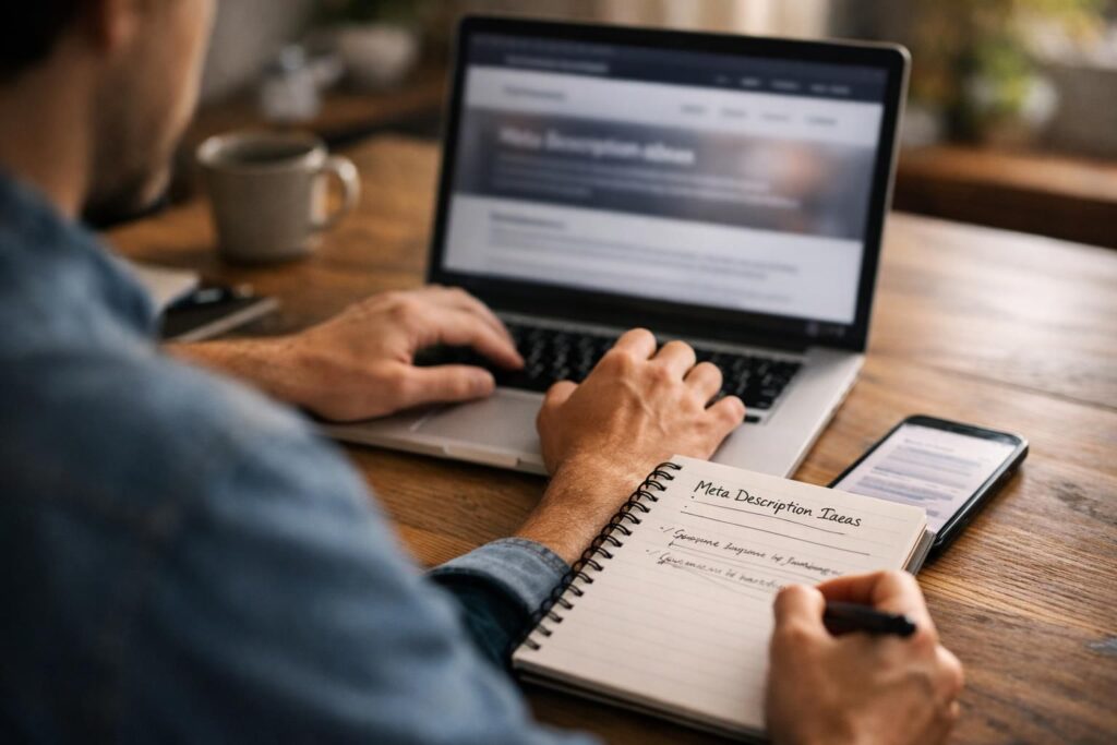 Person writing meta description ideas beside open laptop