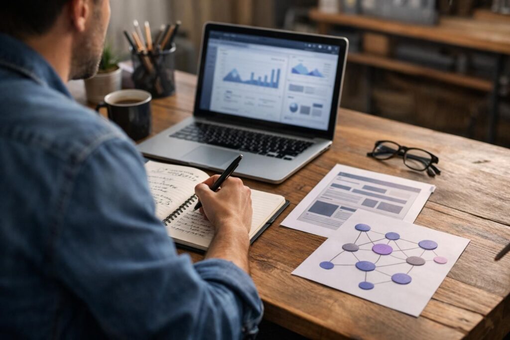 Person taking notes beside laptop with analytics charts and diagrams