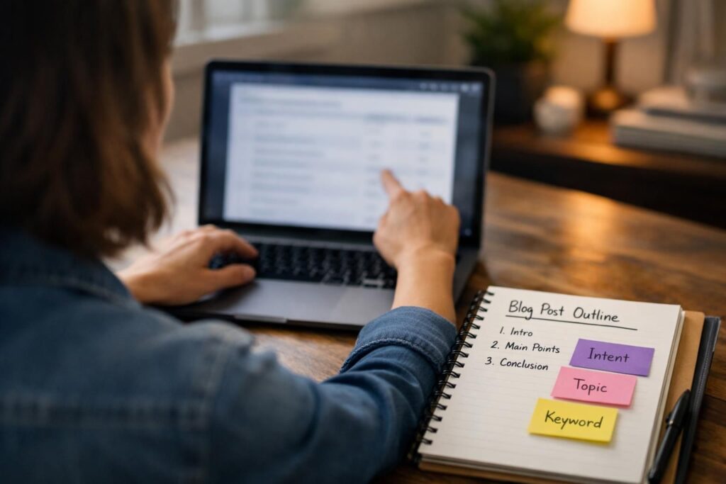 Person using laptop beside notebook labeled blog post outline