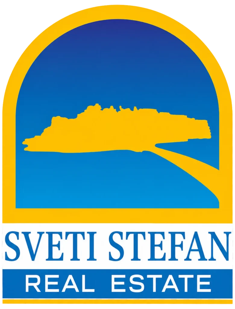 SVETI STEFAN REAL ESTATE logo with blue and yellow arch