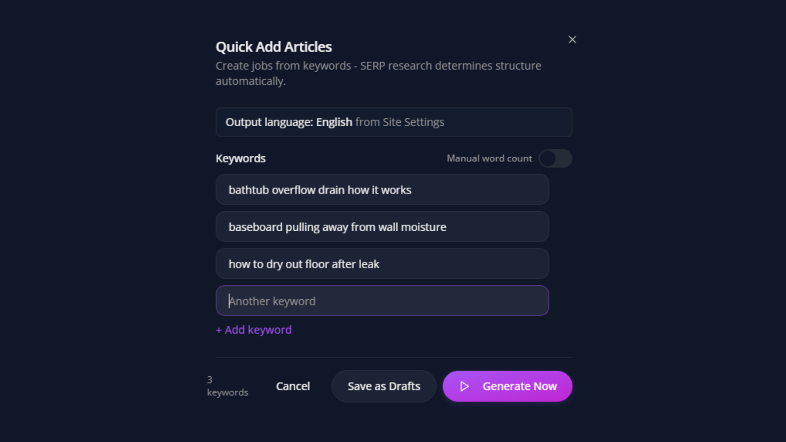 Aomark Writer keyword and content-plan import screen